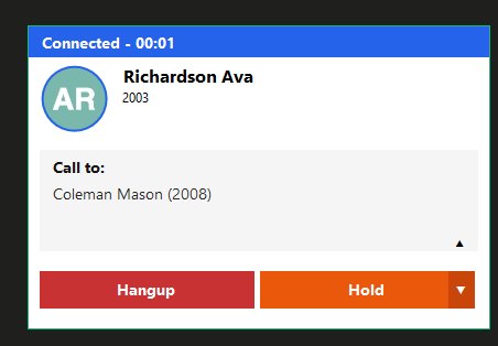 Connected call panel showing timer with Hangup and Hold buttons