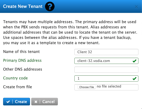 Create new tenant dialog
