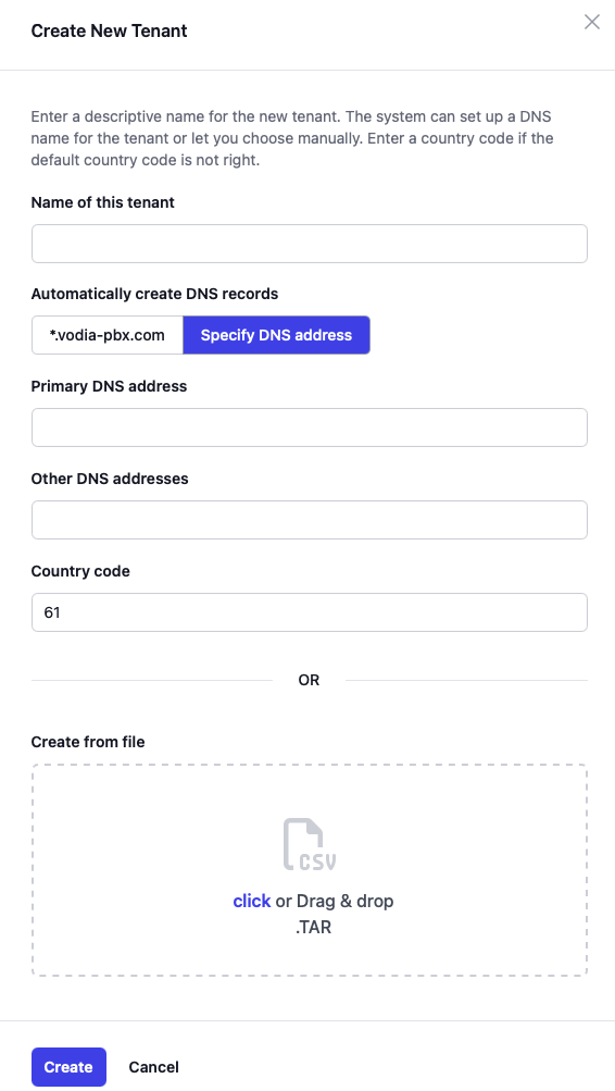 Create new tenant dialog