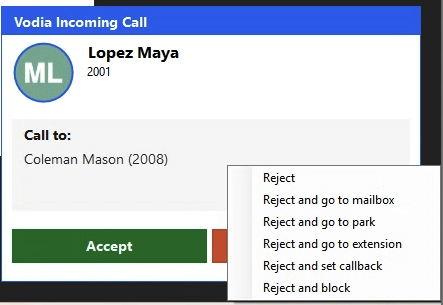 Incoming call pop-up with Reject options