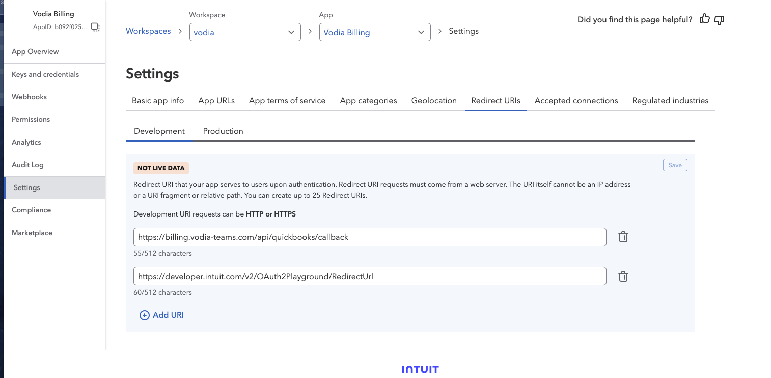 QuickBooks redirect URIs