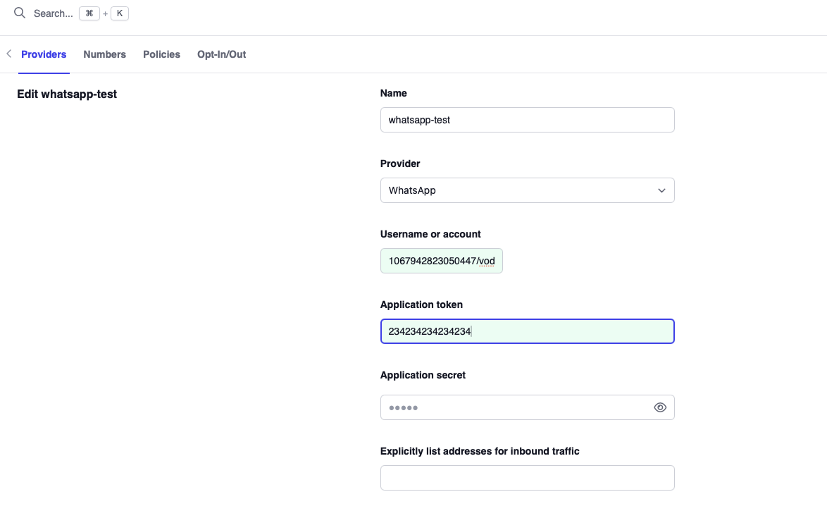 Vodia SMS Provider Settings