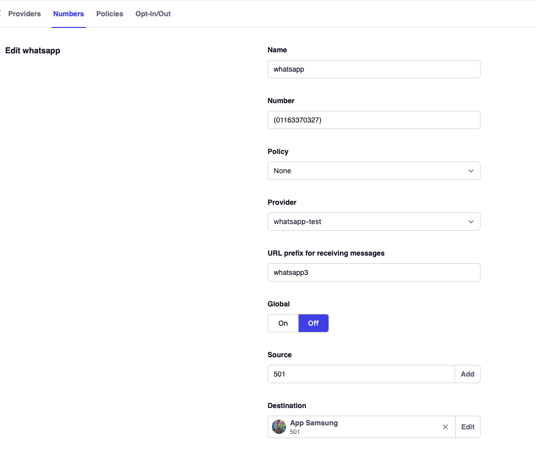 Vodia Phone Number Settings