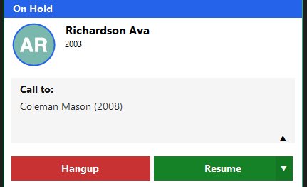 Call panel in On Hold state with Hangup and Resume buttons