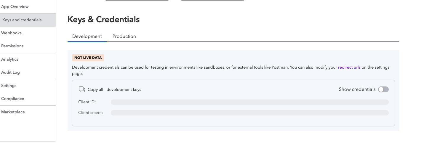 QuickBooks keys and credentials