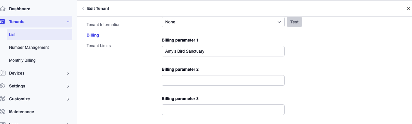 PBX tenant billing parameter