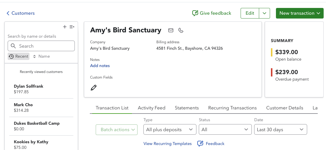 QuickBooks customer