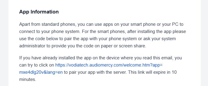 Welcome email containing the VodiaHub pairing link
